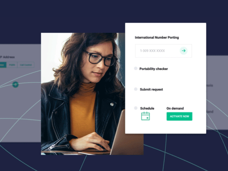 Image of woman on computer with screens of user interfaces floating around her